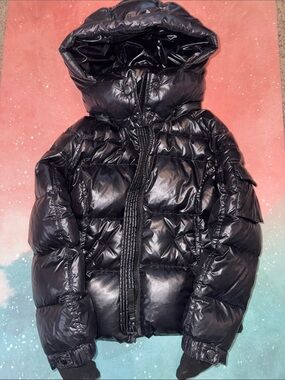 S13 Kids shiny Black and Puffer Jacket with detachable Hood size 6
